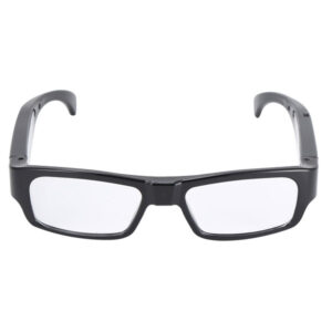 HD Eyeglasses Hidden Spy Camera with accessories including USB cable, carrying bag, and user manual.