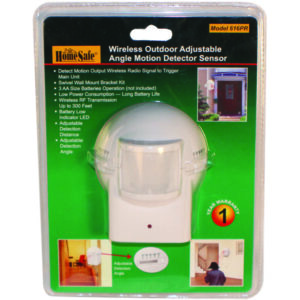 HomeSafe Wireless Outdoor Adjustable Motion Detector Sensor in retail packaging.