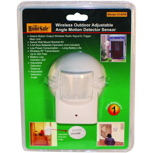 HomeSafe Wireless Outdoor Adjustable Motion Detector Sensor in retail packaging.