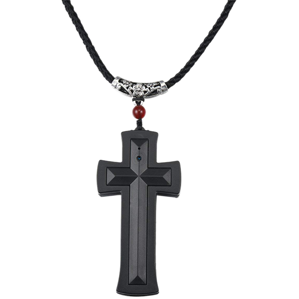 Cross Hidden Spy Camera Necklace in black with 1080p HD recording.