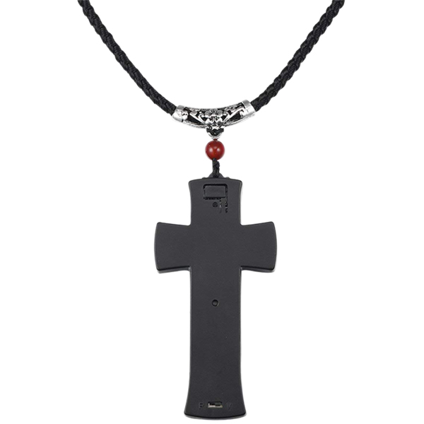 Rear view of the Cross Hidden Spy Camera Necklace with USB port and controls.