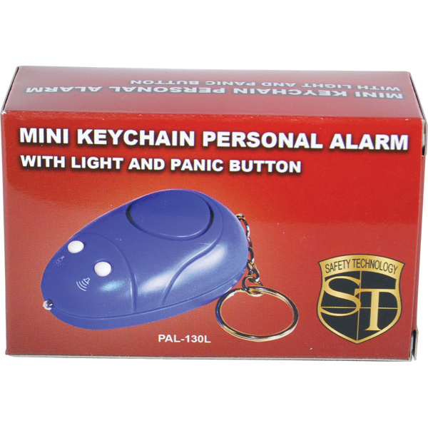 Mini keychain personal alarm with LED light and panic button in retail packaging.