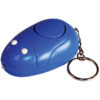 Close-up of the blue keychain personal alarm with attached keyring.