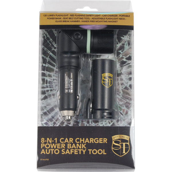 8-in-1 Car Charger Power Bank Auto Safety Tool in Retail Packaging.