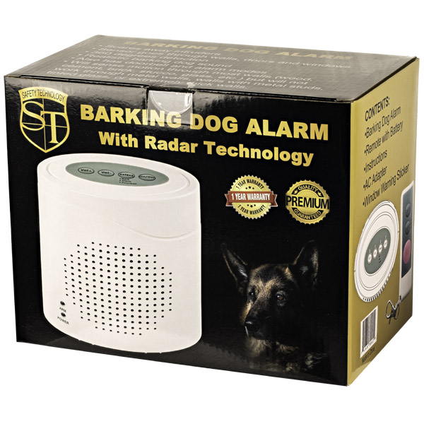 Barking Dog Alarm Retail Packaging with Radar Technology Label.