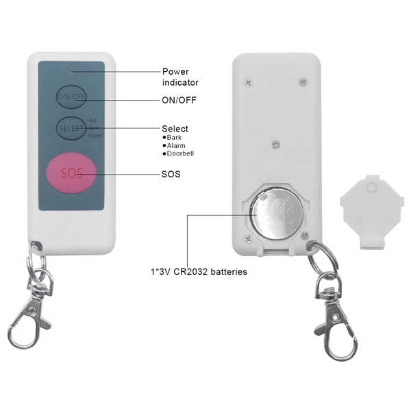 Remote Control for Barking Dog Alarm with SOS Button and Mode Selection.