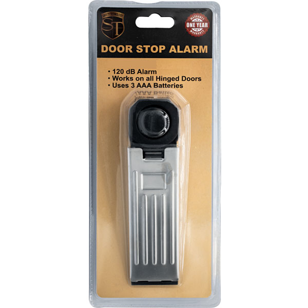 Door Stop Alarm in Retail Packaging with Key Features Listed.