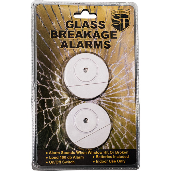 Glass Break Alarm 2-Pack with 100dB Sirens in Retail Packaging.