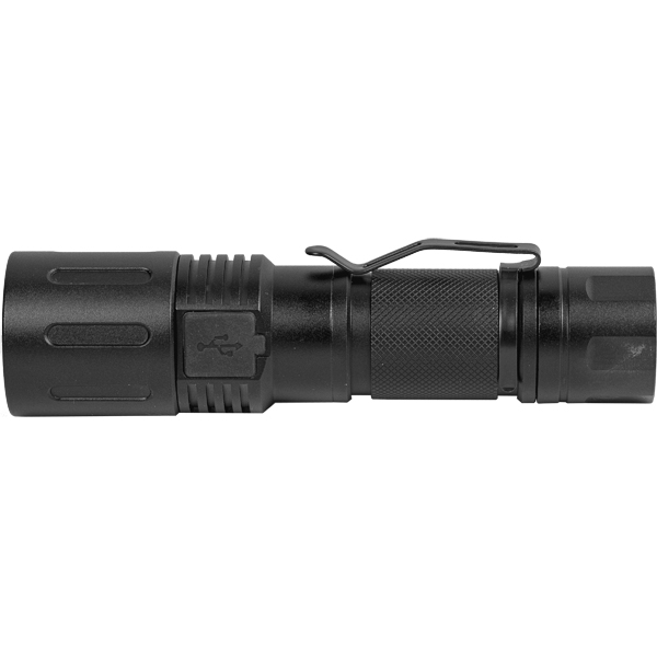 3000 Lumens LED Flashlight Side View with Clip and USB Port